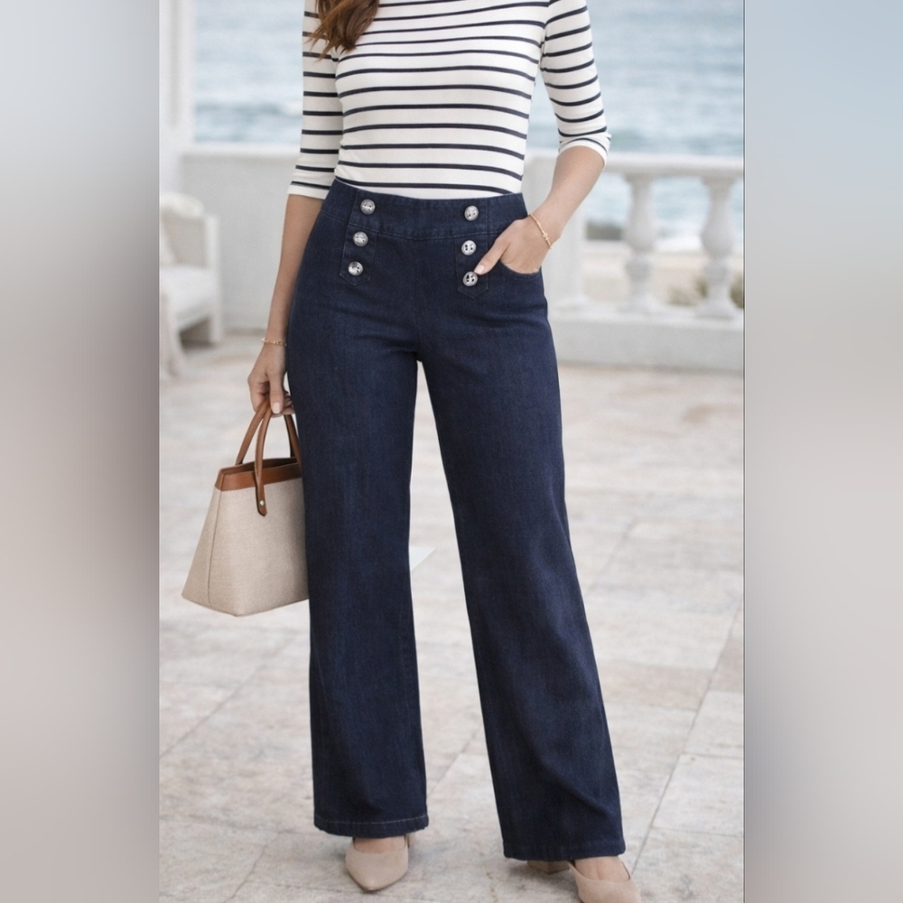 Vince Camuto Petite 8P Sailor Wide Leg Navy Stretch Trouser Coastal Quiet Luxury